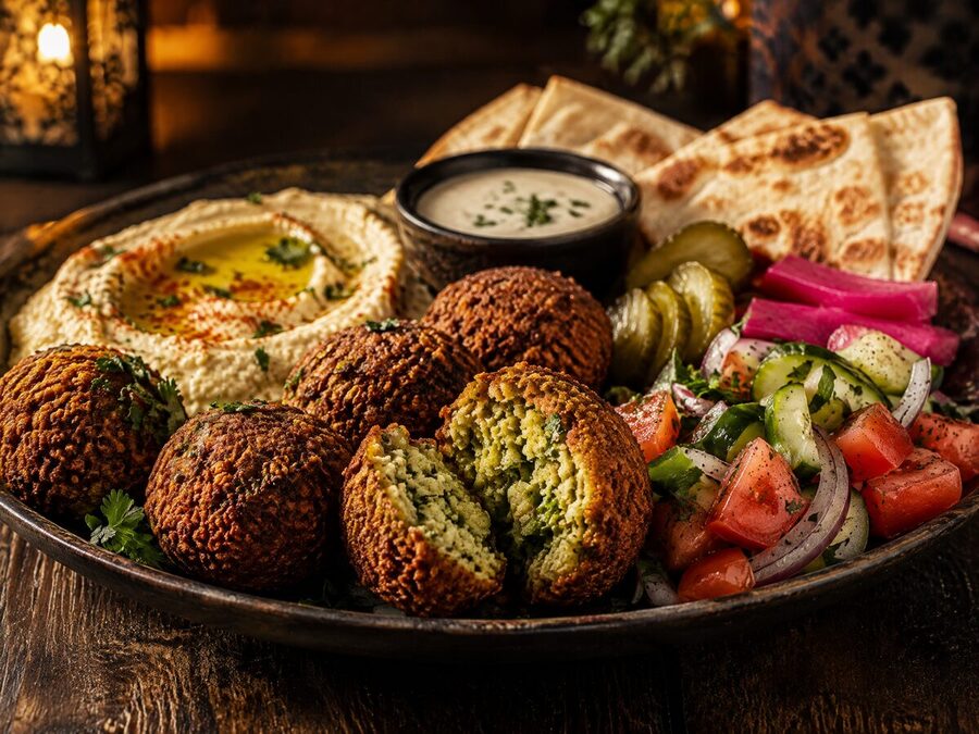 Plato de falafel con hummus y ensalada